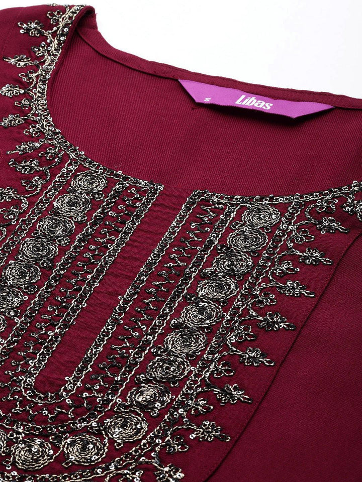 Maroon Yoke Design Wool Blend Straight Kurta Set