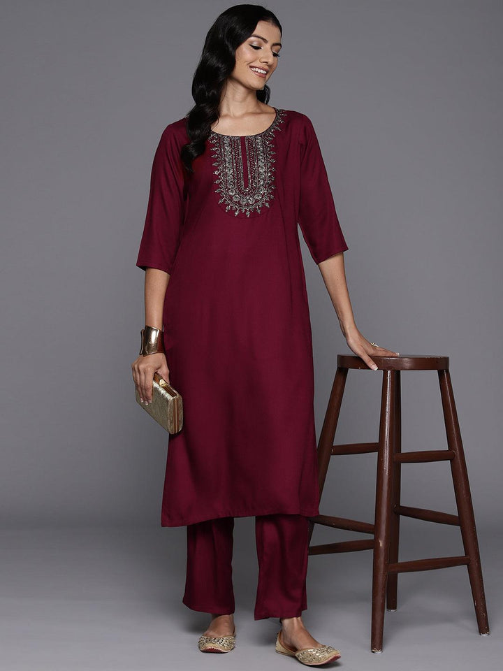 Maroon Yoke Design Wool Blend Straight Kurta Set