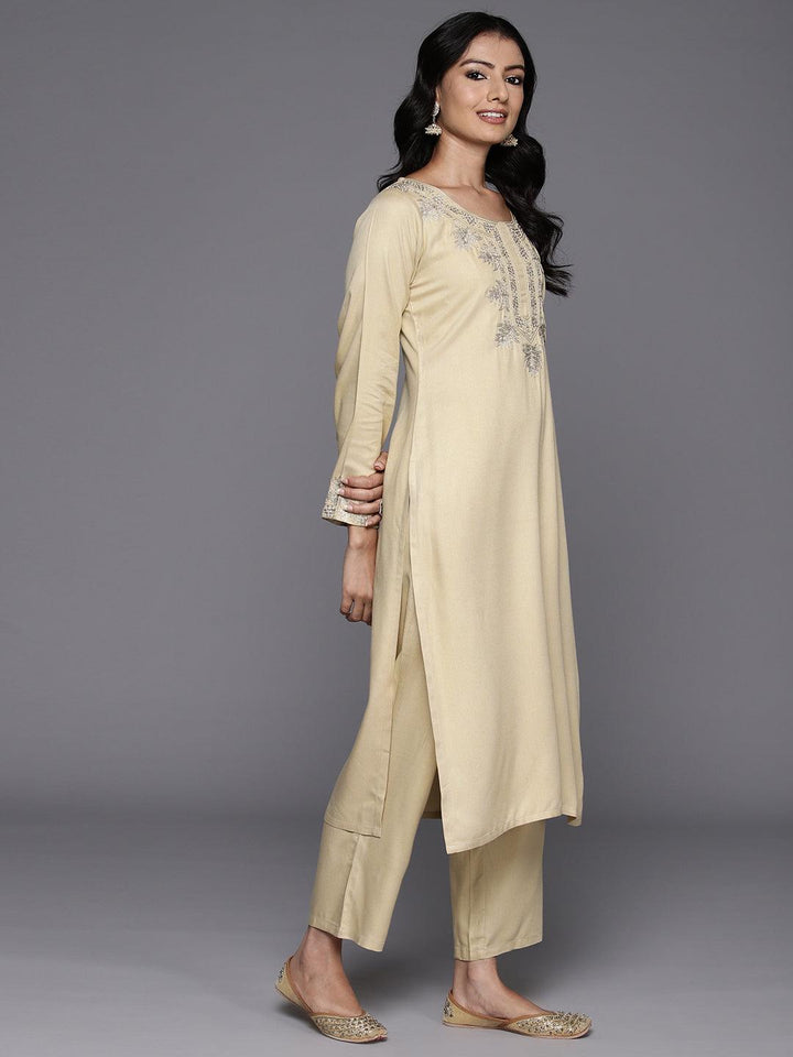 Beige Yoke Design Wool Blend Straight Kurta Set