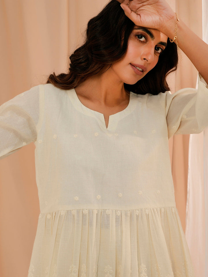 Off White Self Design Cotton Tunic With Palazzos