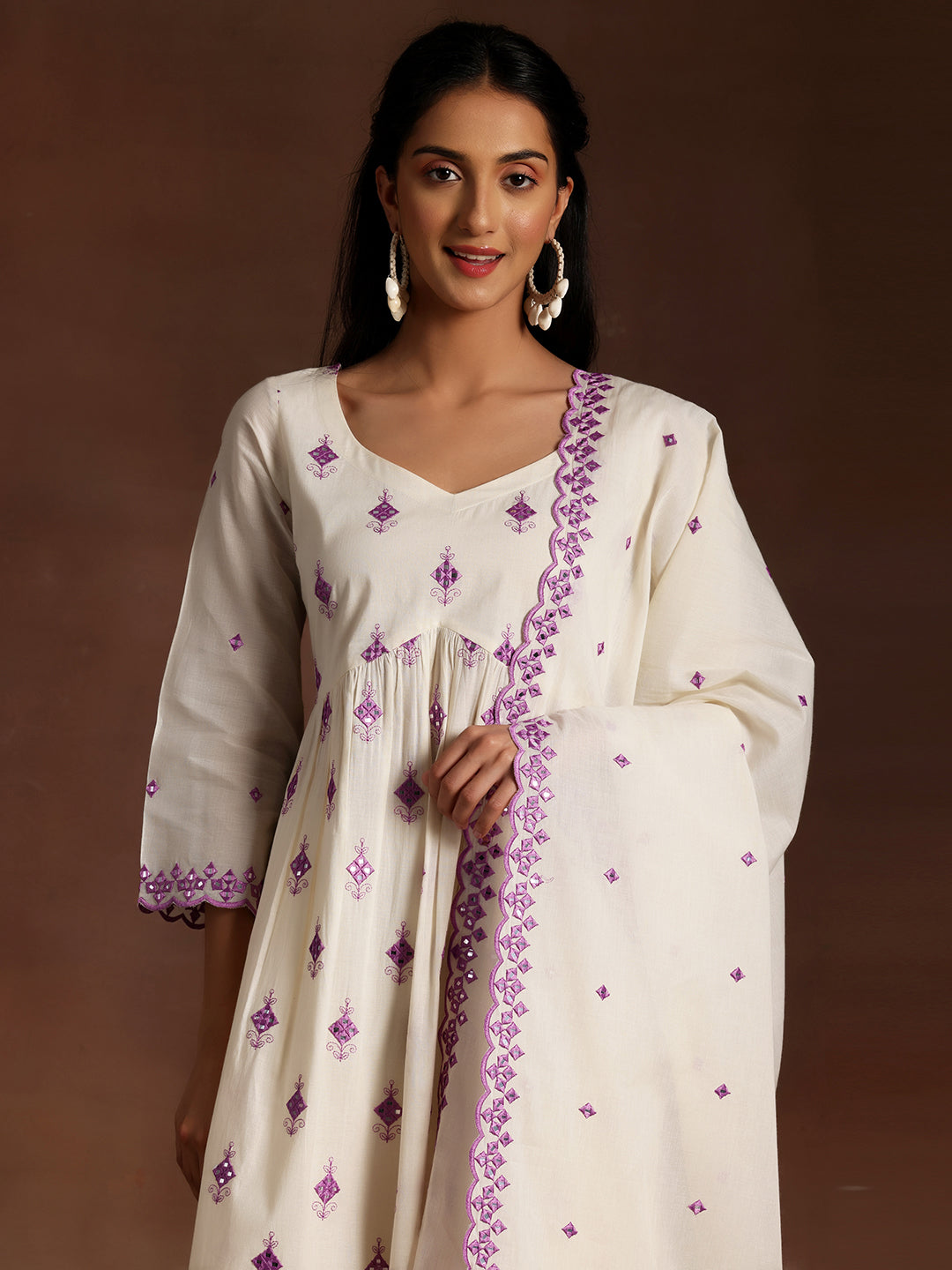 Off White Embroidered Cotton Anarkali Suit With Dupatta