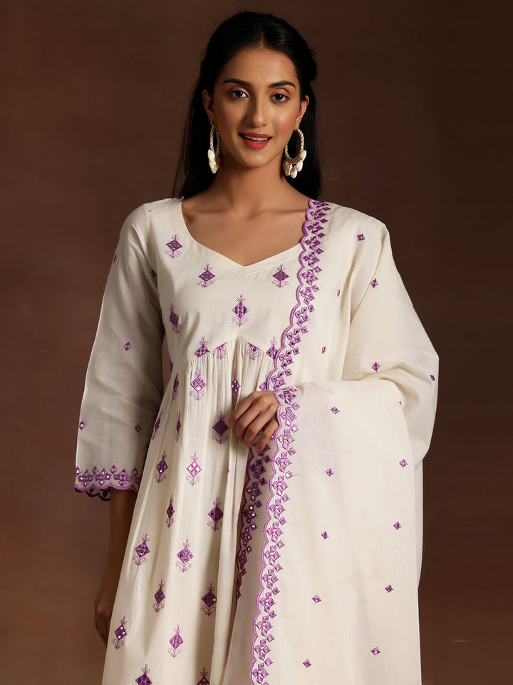 Off White Embroidered Cotton Anarkali Suit With Dupatta