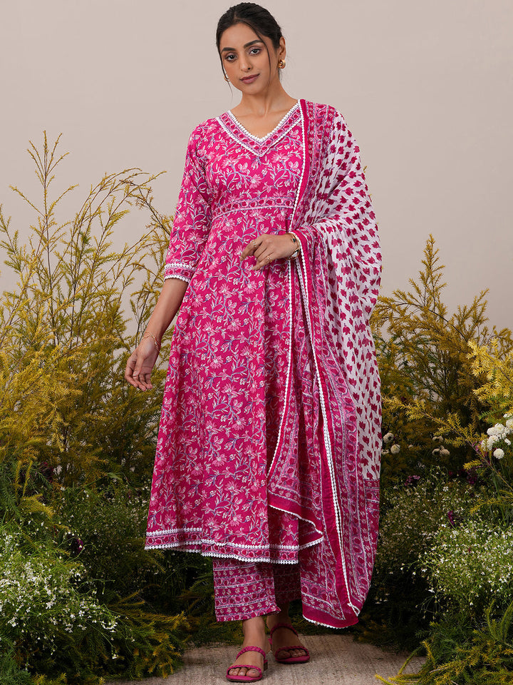 Pink Printed Cotton A-Line Kurta With Trousers & Dupatta