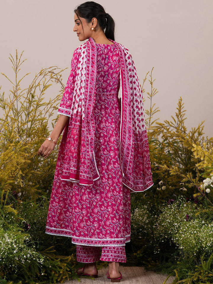 Pink Printed Cotton A-Line Kurta With Trousers & Dupatta