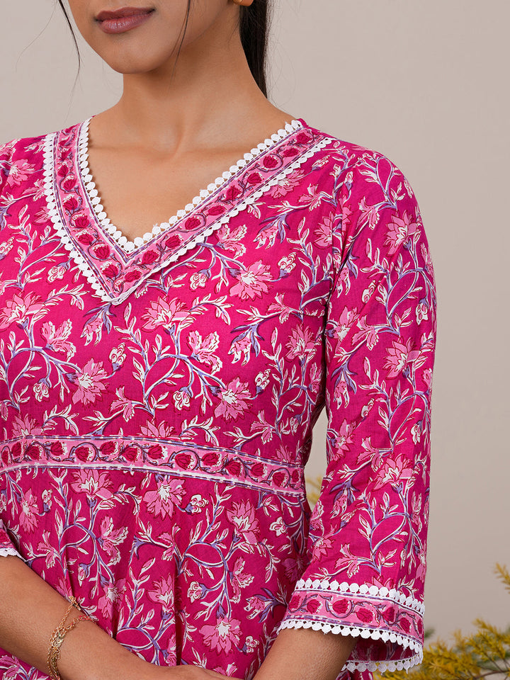 Pink Printed Cotton A-Line Kurta With Trousers & Dupatta