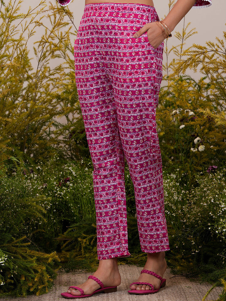 Pink Printed Cotton A-Line Kurta With Trousers & Dupatta