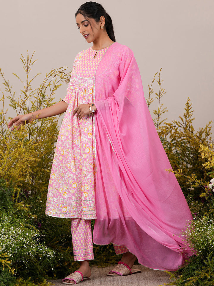 Pink Yoke Design Cotton Anarkali Suit With Dupatta