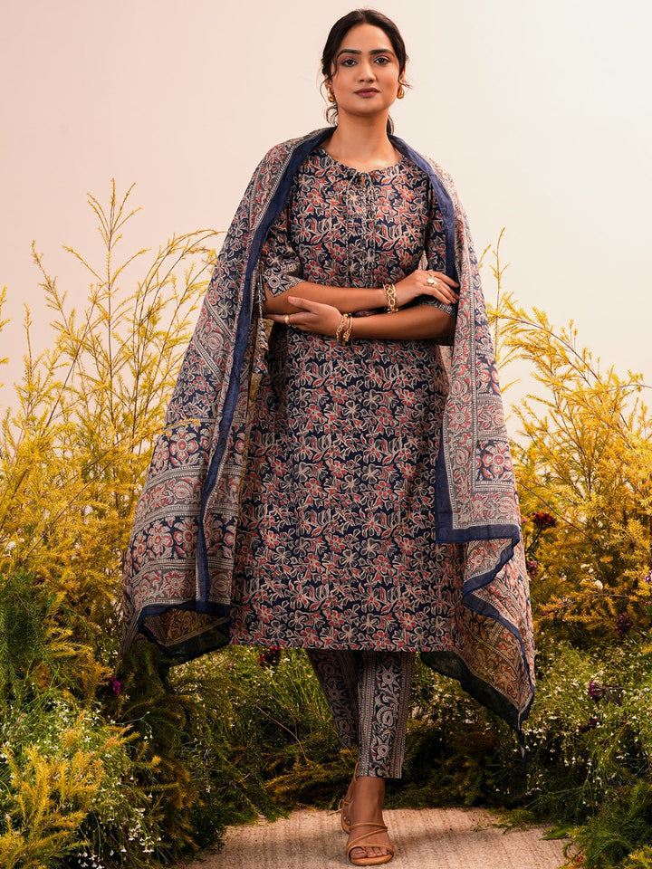 Blue Printed Cotton Straight Suit With Dupatta