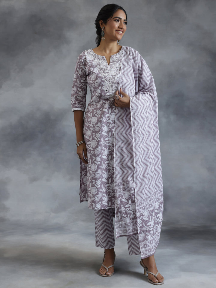 Grey Printed Cotton Straight Suit With Dupatta