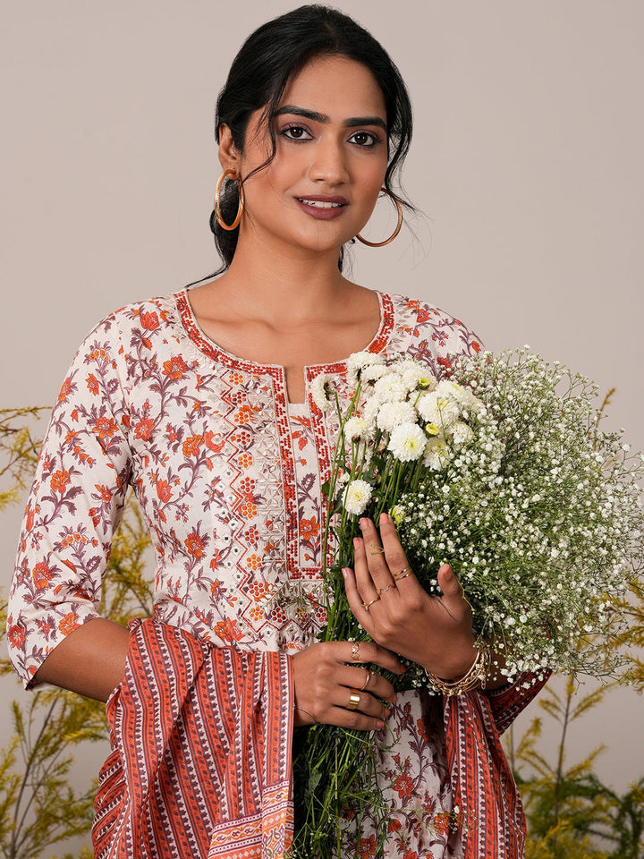 Rust Printed Cotton Straight Suit With Dupatta