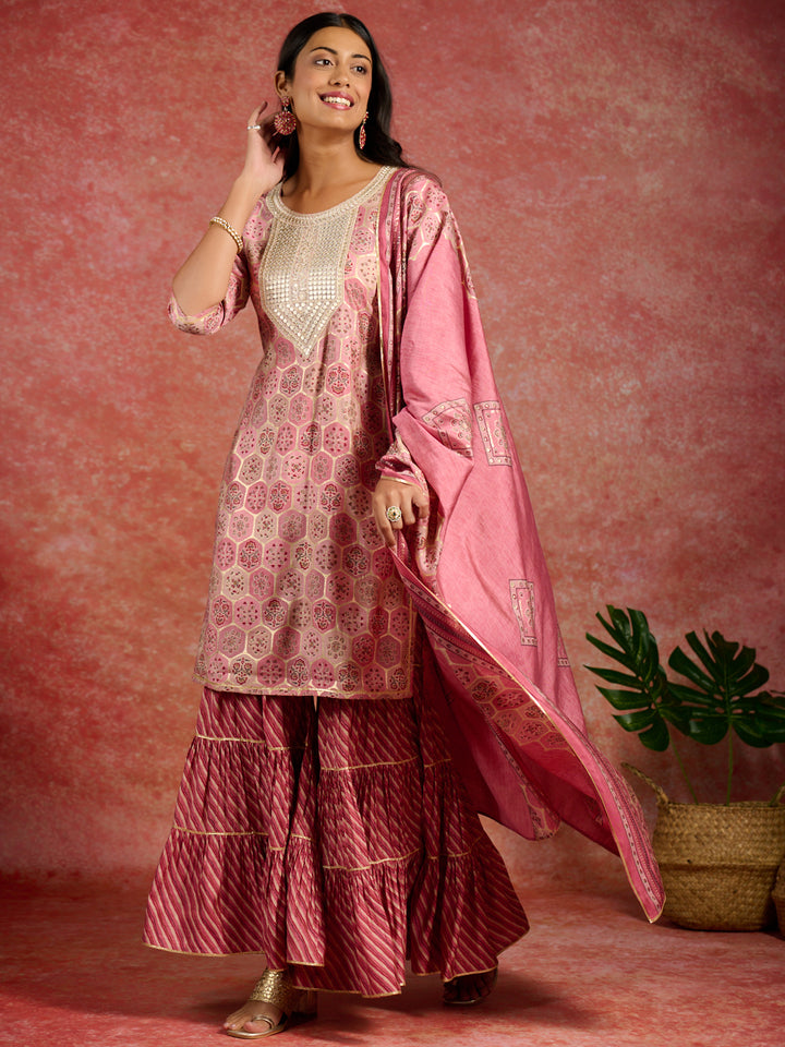 Pink Yoke Design Silk Blend Straight Suit With Dupatta