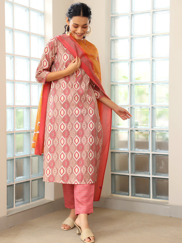 Mauve Printed Silk Blend Straight Suit With Dupatta