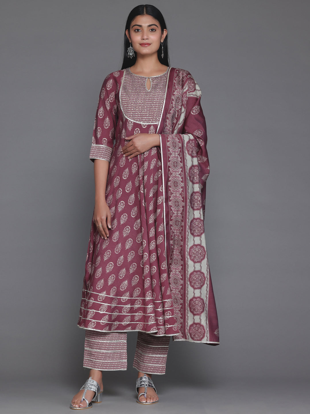 Mauve Printed Silk Blend Anarkali Suit With Dupatta