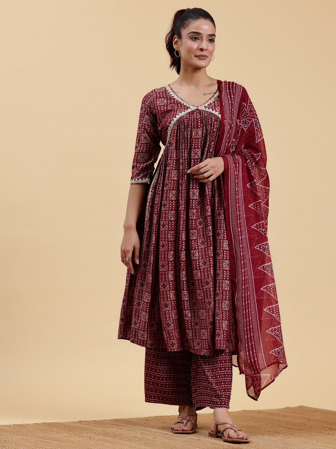 Maroon Printed Silk Blend A-Line Kurta With Palazzos & Dupatta