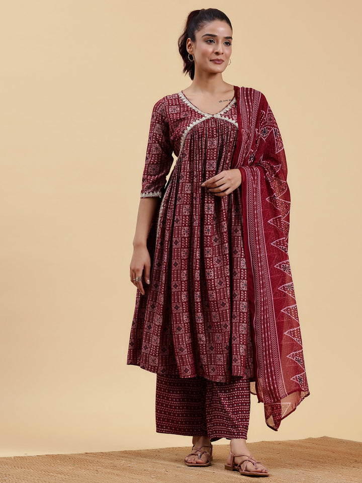Maroon Printed Silk Blend A-Line Kurta With Palazzos & Dupatta
