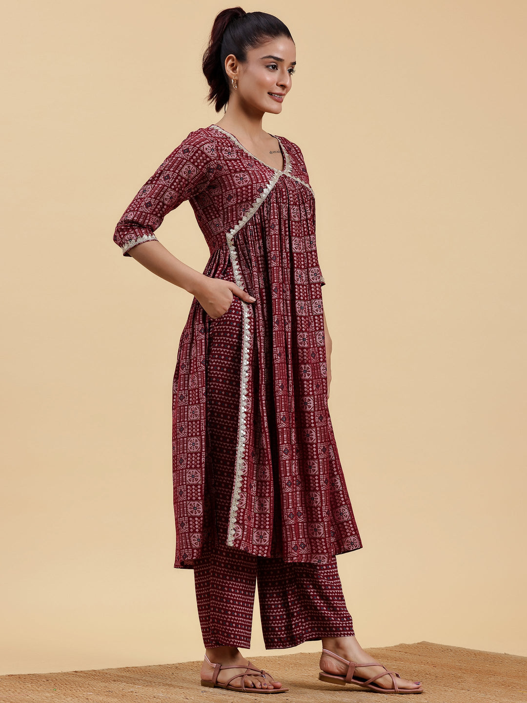 Maroon Printed Silk Blend A-Line Kurta With Palazzos & Dupatta