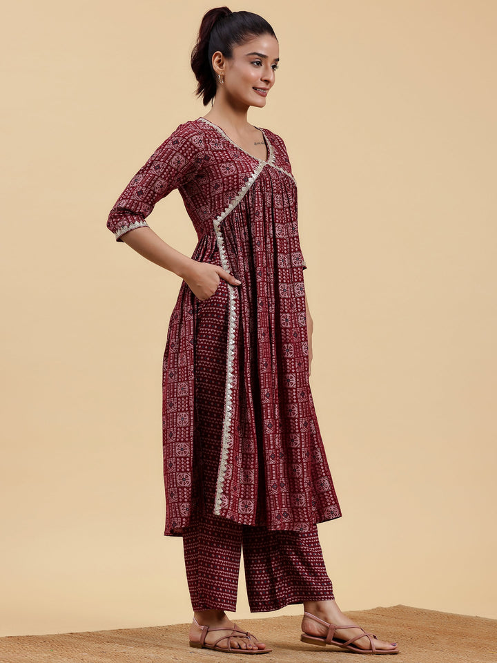 Maroon Printed Silk Blend A-Line Kurta With Palazzos & Dupatta