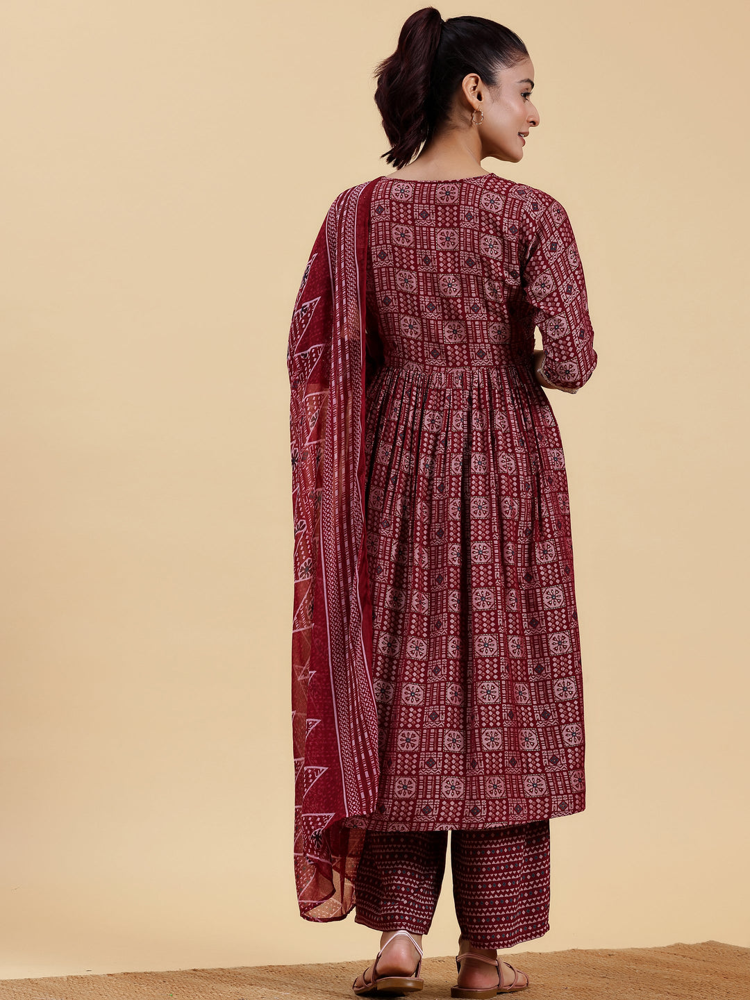 Maroon Printed Silk Blend A-Line Kurta With Palazzos & Dupatta