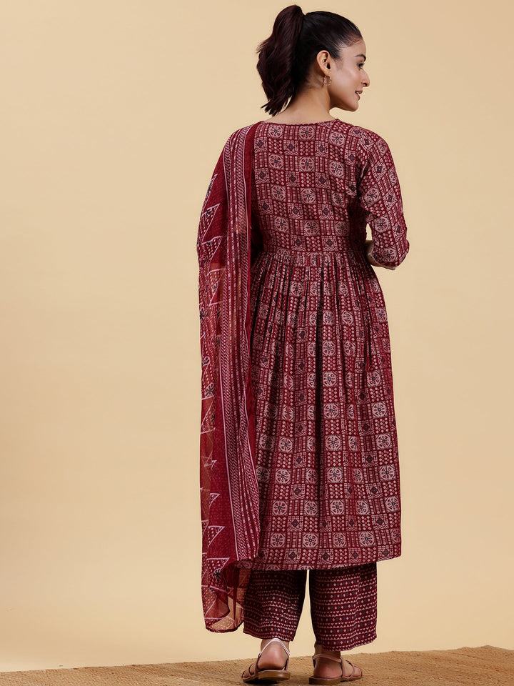 Maroon Printed Silk Blend A-Line Kurta With Palazzos & Dupatta