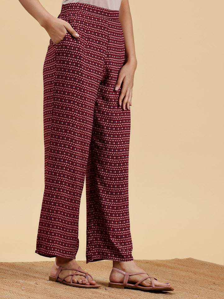 Maroon Printed Silk Blend A-Line Kurta With Palazzos & Dupatta