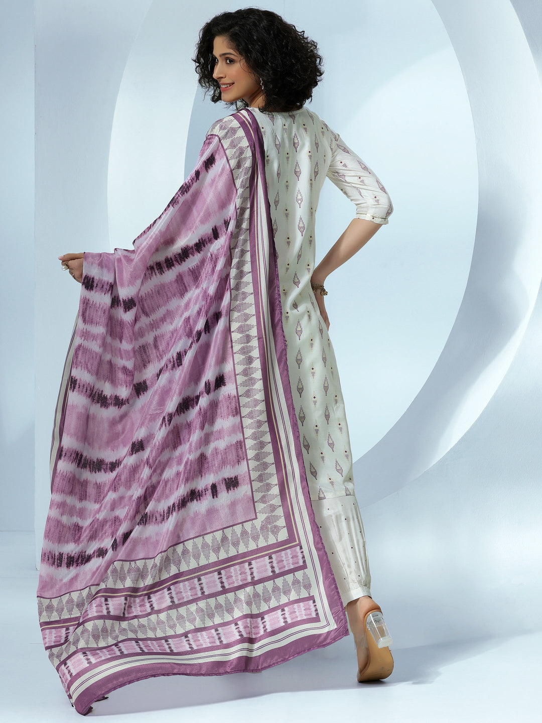 Off White Printed Silk Blend Straight Suit With Dupatta