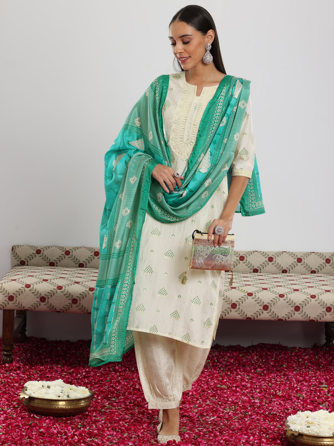 Off White Printed Silk Blend Straight Suit With Dupatta