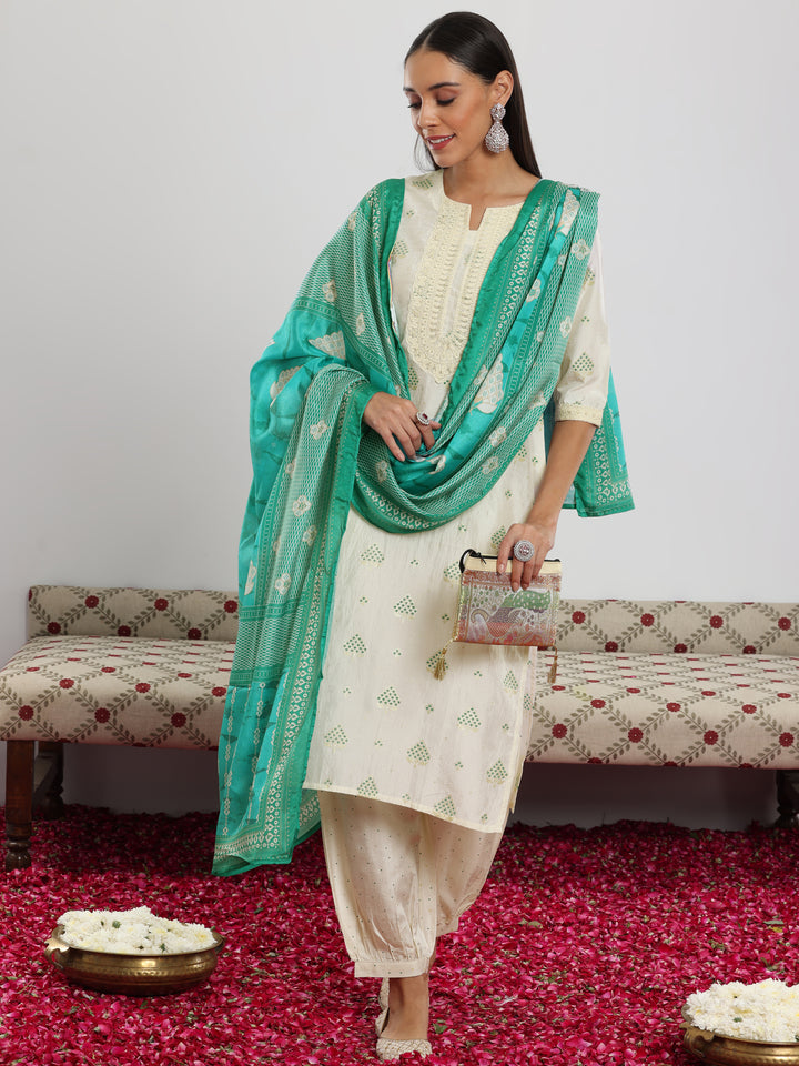Off White Printed Silk Blend Straight Suit With Dupatta