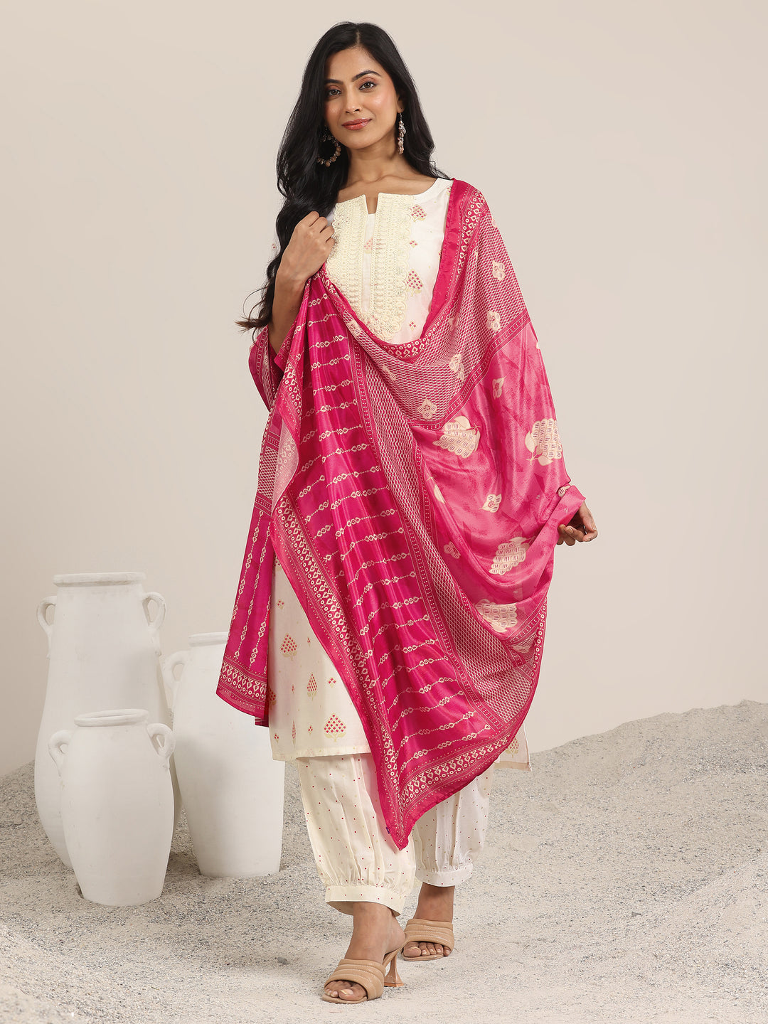 Off White Printed Silk Blend Straight Suit With Dupatta