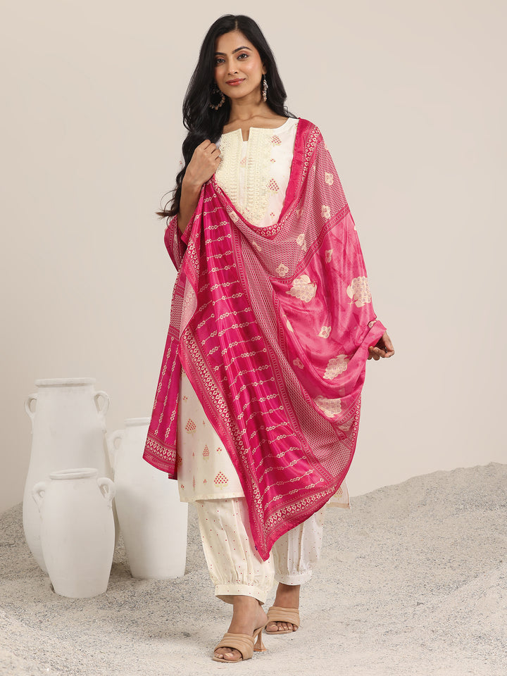 Off White Printed Silk Blend Straight Suit With Dupatta