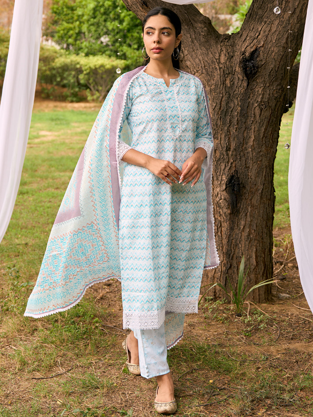 Blue Embroidered Cotton Straight Suit Set With Dupatta
