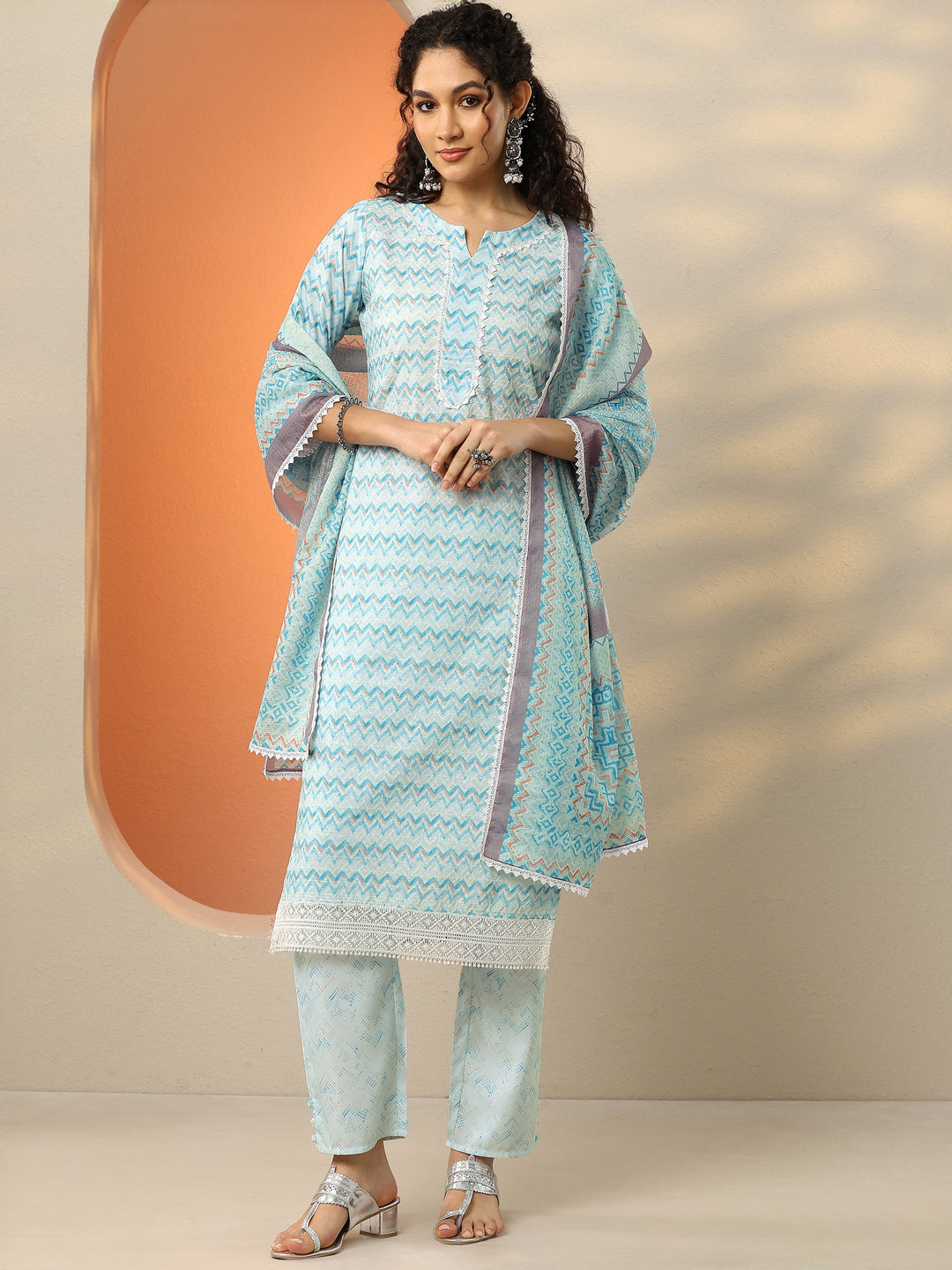 Blue Embroidered Cotton Straight Suit With Dupatta