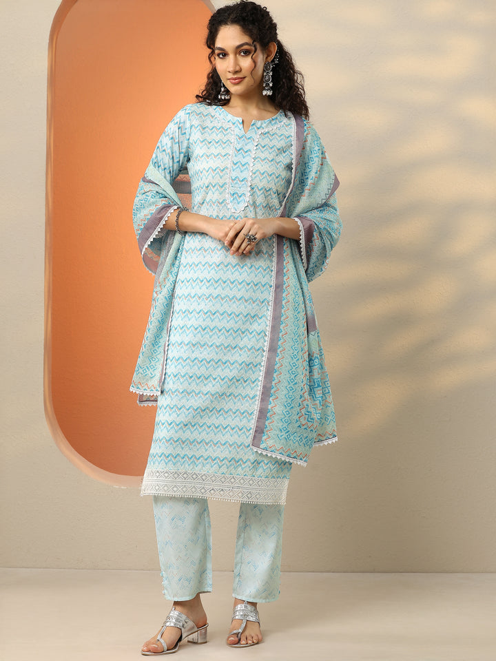 Blue Embroidered Cotton Straight Suit With Dupatta