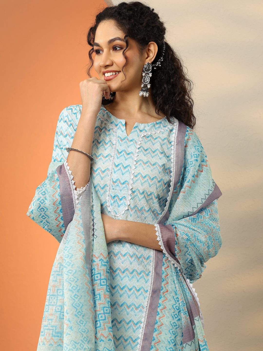 Blue Embroidered Cotton Straight Suit With Dupatta