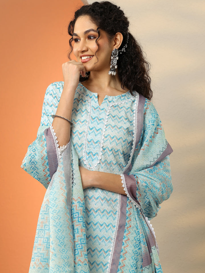 Blue Embroidered Cotton Straight Suit With Dupatta