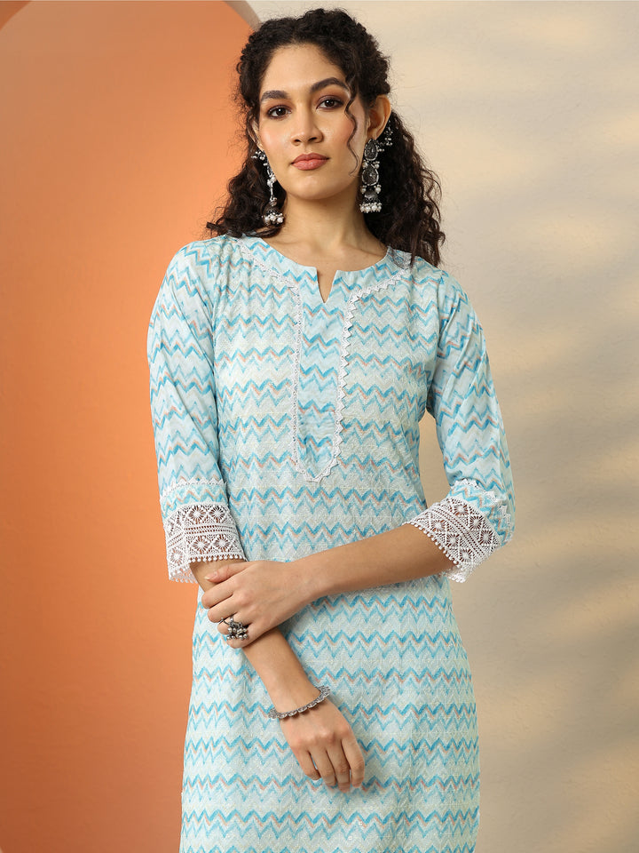 Blue Embroidered Cotton Straight Suit With Dupatta