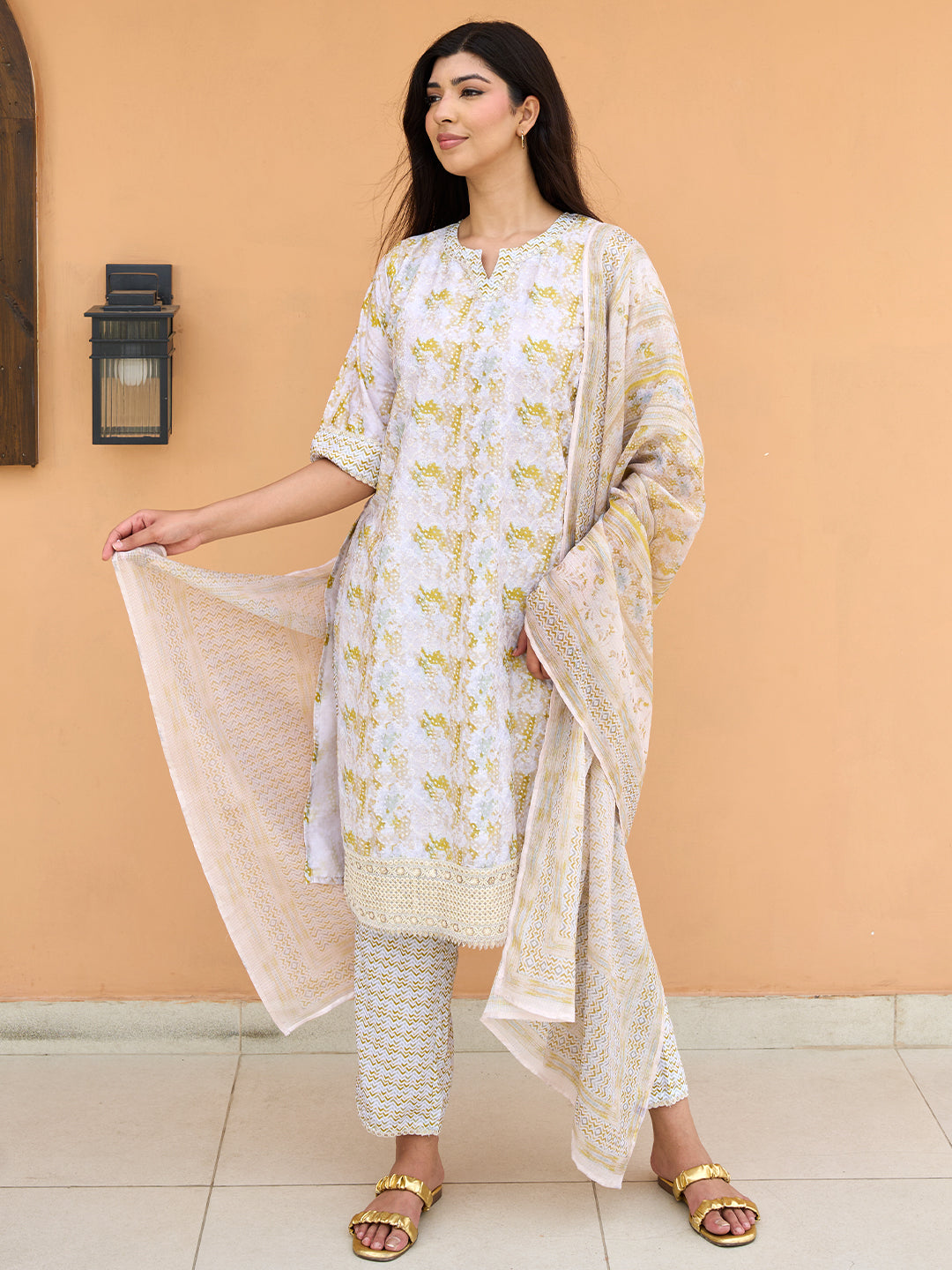 Beige Embellished Cotton Blend Dress Material With Dupatta