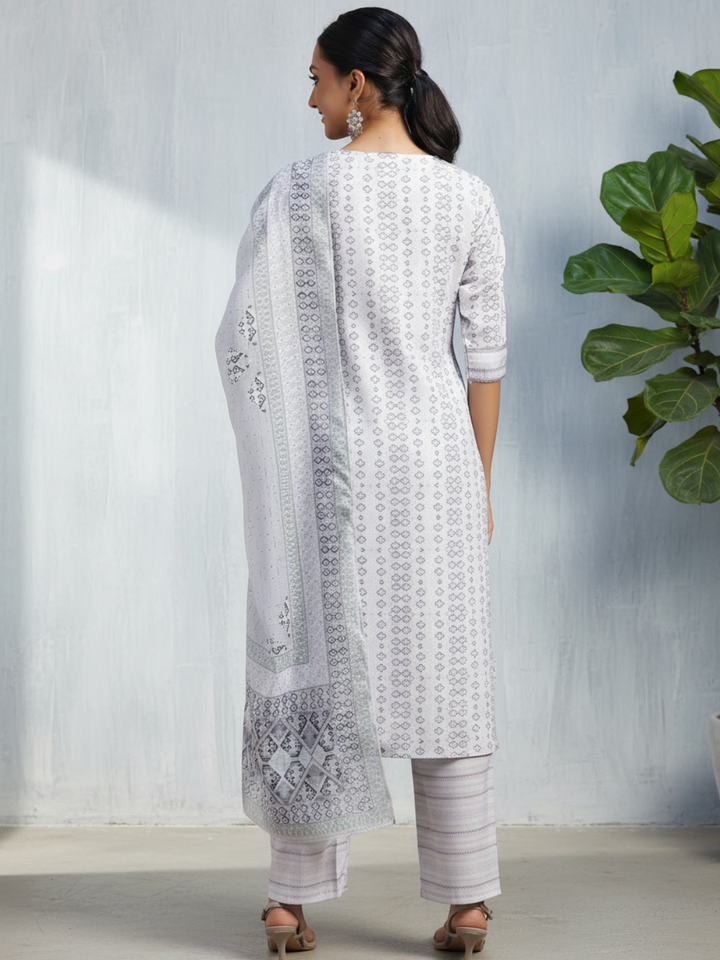 Grey Embroidered Cotton Blend Straight Suit With Dupatta