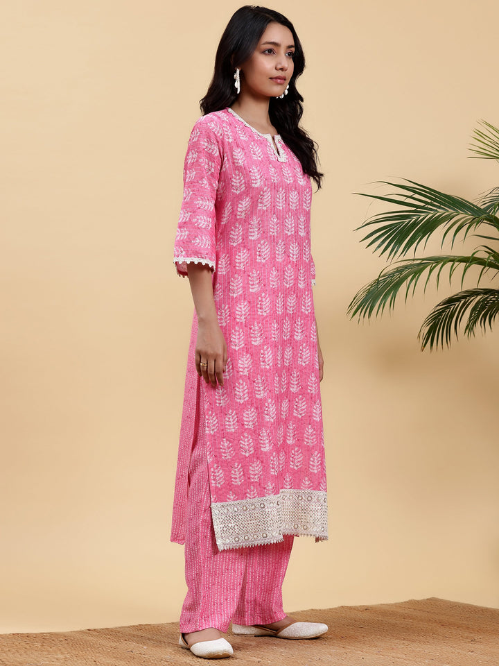 Pink Printed Cotton Straight Kurta Set