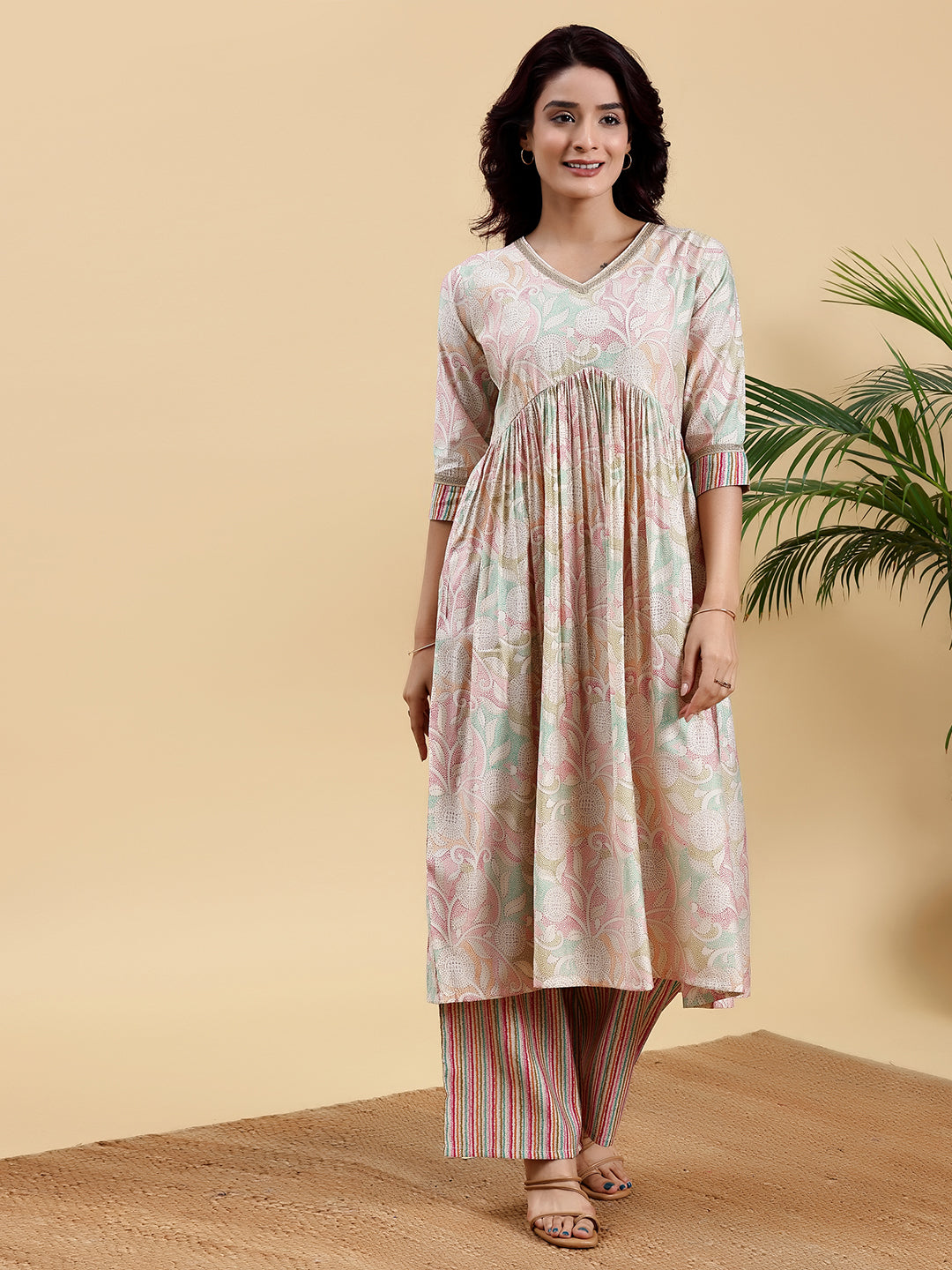 Beige Printed Silk Blend Anarkali Kurta Set