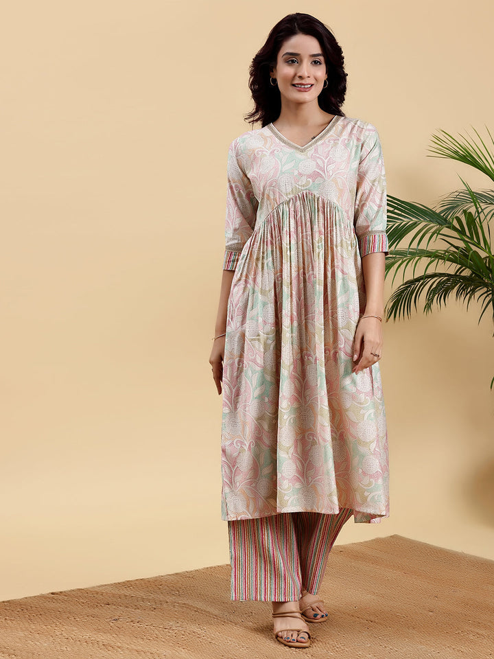 Beige Printed Silk Blend Anarkali Kurta Set