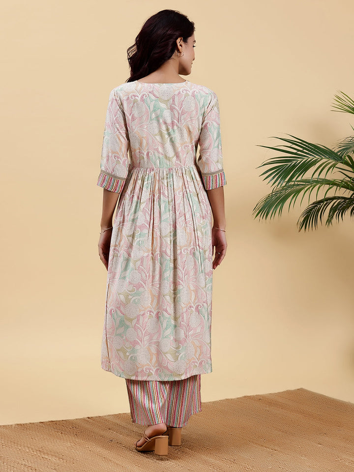 Beige Printed Silk Blend Anarkali Kurta Set