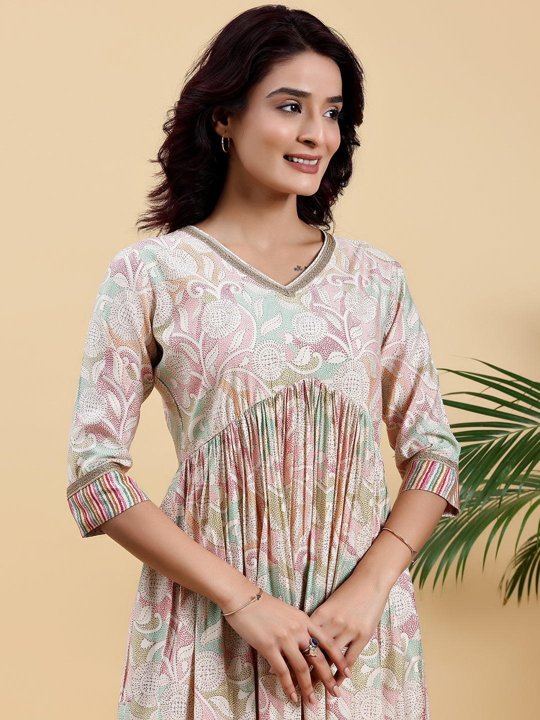 Beige Printed Silk Blend Anarkali Kurta Set