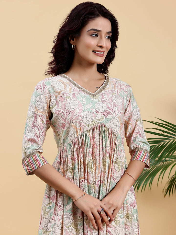 Beige Printed Silk Blend Anarkali Kurta Set