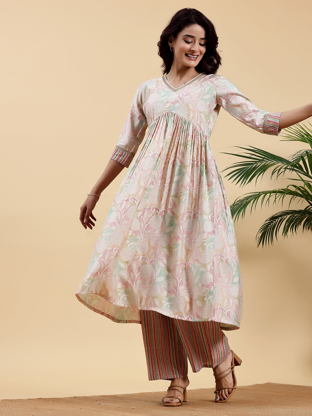 Beige Printed Silk Blend Anarkali Kurta Set