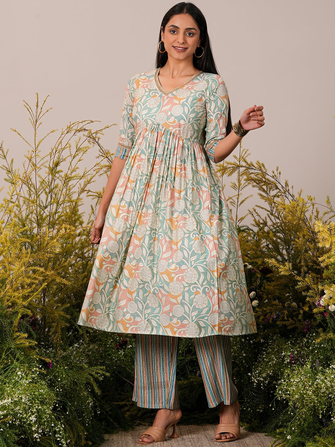 Beige Printed Silk Blend Anarkali Kurta Set