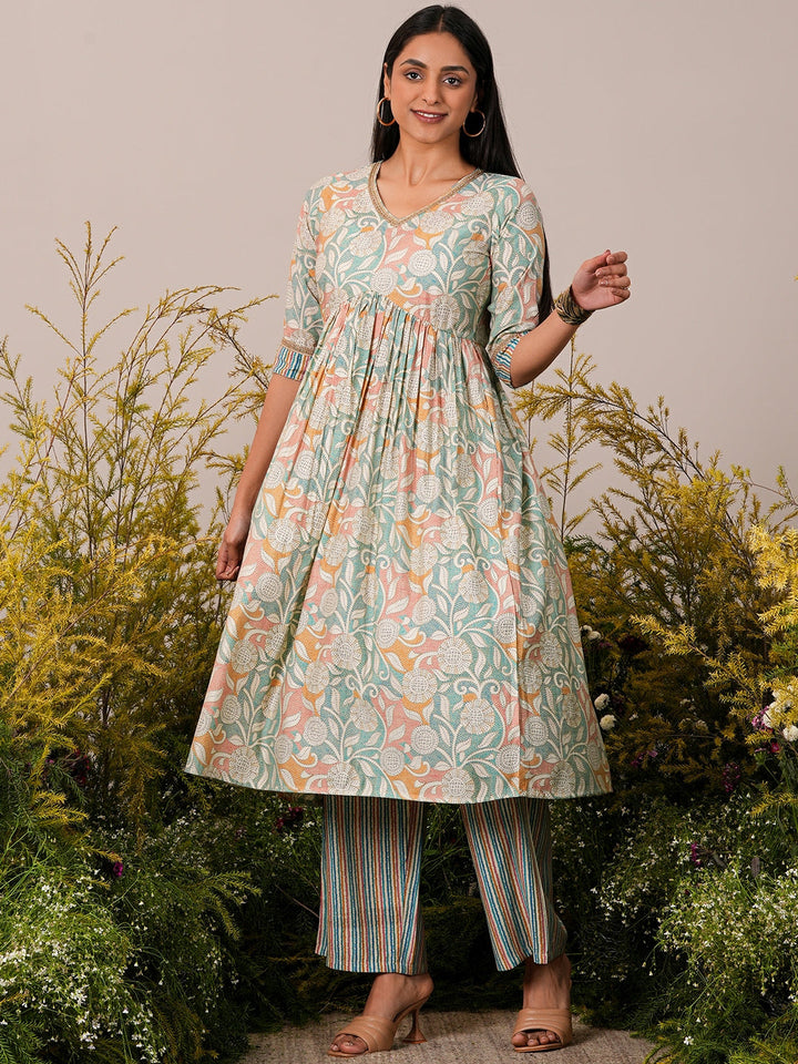 Beige Printed Silk Blend Anarkali Kurta Set