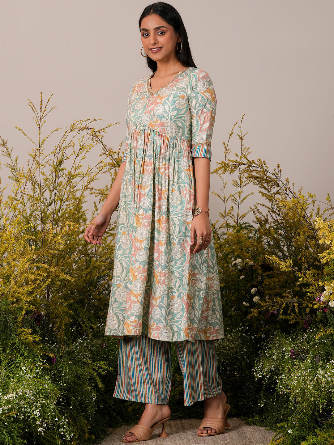 Beige Printed Silk Blend Anarkali Kurta Set