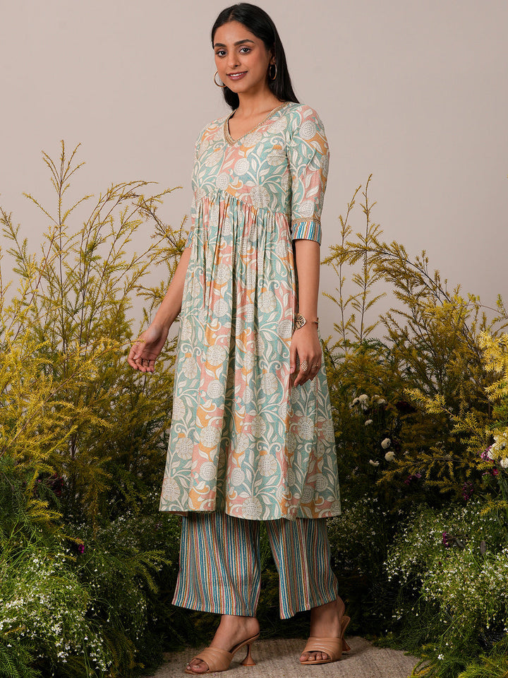 Beige Printed Silk Blend Anarkali Kurta Set