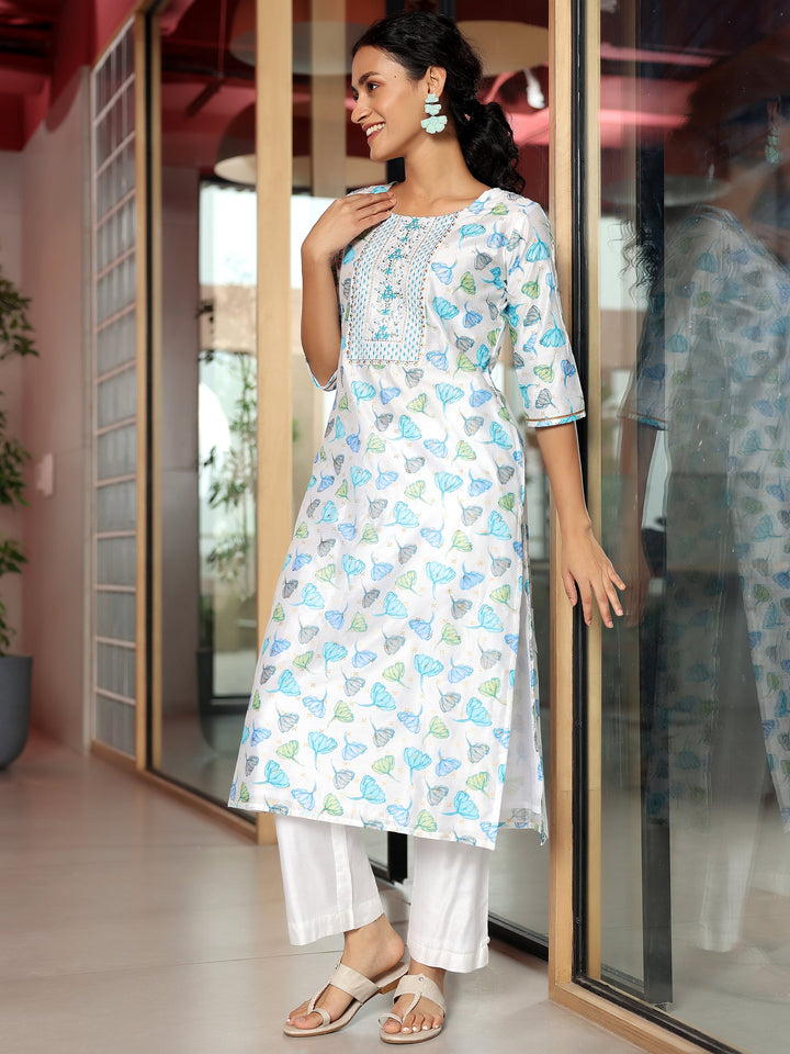 White Printed Silk Blend Straight Kurta Set
