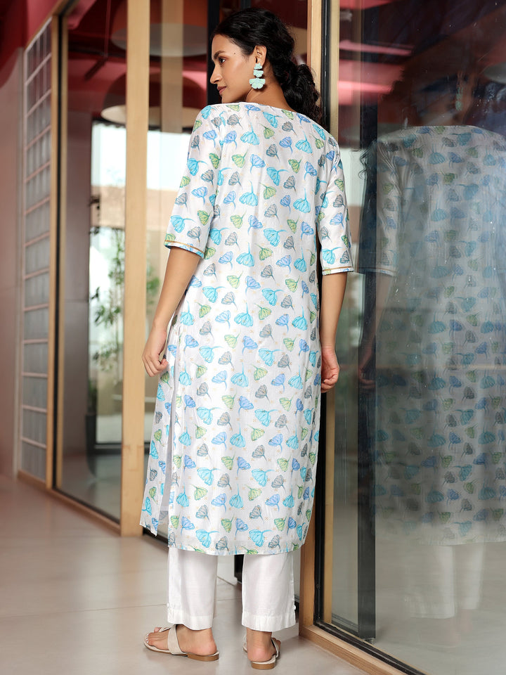 White Printed Silk Blend Straight Kurta Set